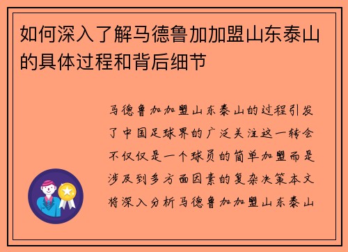 如何深入了解马德鲁加加盟山东泰山的具体过程和背后细节