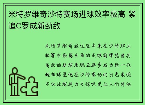 米特罗维奇沙特赛场进球效率极高 紧追C罗成新劲敌 米特罗维奇沙特赛场进球效率极高 紧追C罗成新劲敌