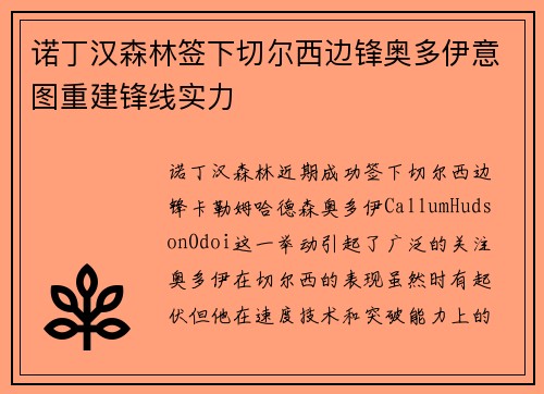 诺丁汉森林签下切尔西边锋奥多伊意图重建锋线实力 诺丁汉森林签下切尔西边锋奥多伊意图重建锋线实力